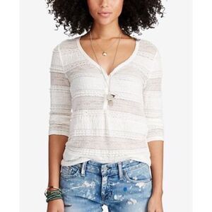 DENIM & SUPPLY‎ Ivory Lace Henley Top Shirt V-Neck Sheer 3/4 Sleeve Sz Small New